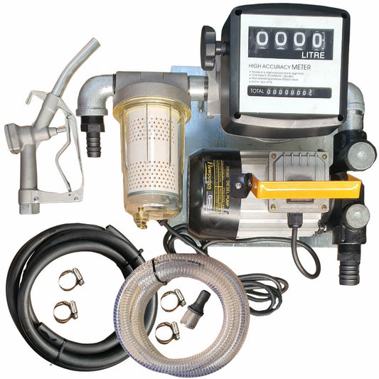 60lt Flowpump - 220v Diesel pump kit with transparent dirt filter - Fully assembled on wall-mount plate
