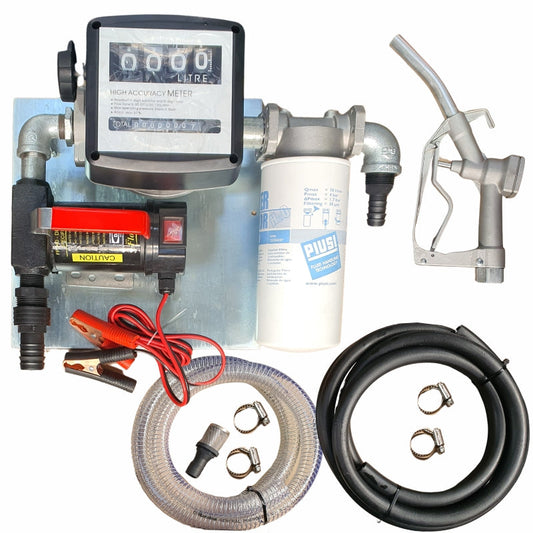 40lt - 12v Diesel pump kit with water absorbent filter - Fully assembled on wall-mount plate