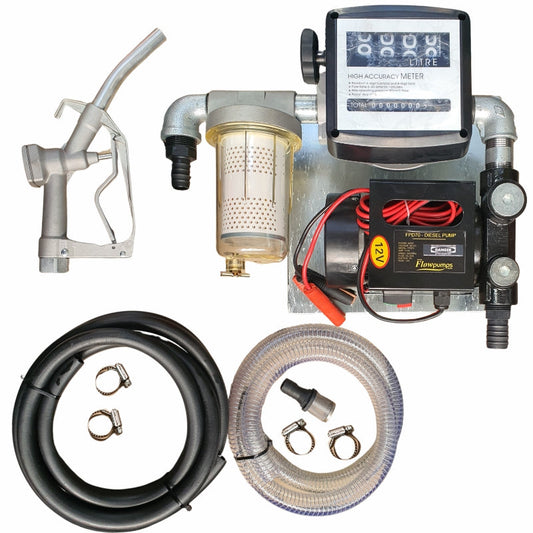 70lt - 12v Diesel pump kit with transparent dirt filter - Fully assembled on wall-mount plate