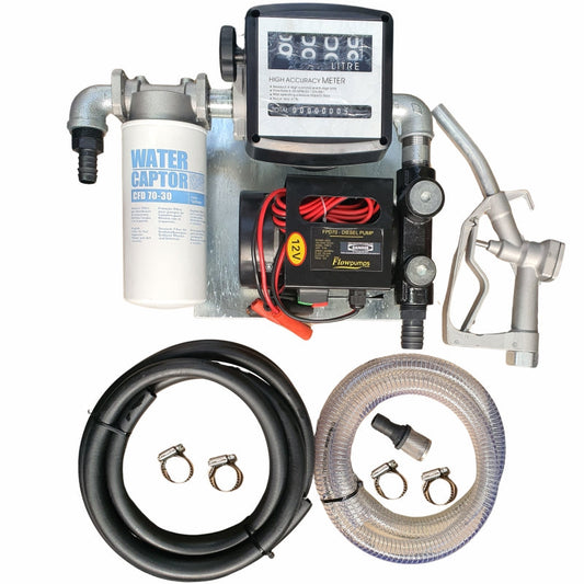 70lt - 12v Diesel pump kit with water absorbent filter - Fully assembled on wall-mount plate